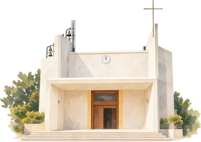 La chiesa di Sant’Antonio Abate dipinta ad acquerello: la facciata bianca con il portico, la porta di legno, le campane e la croce, tra gli alberi