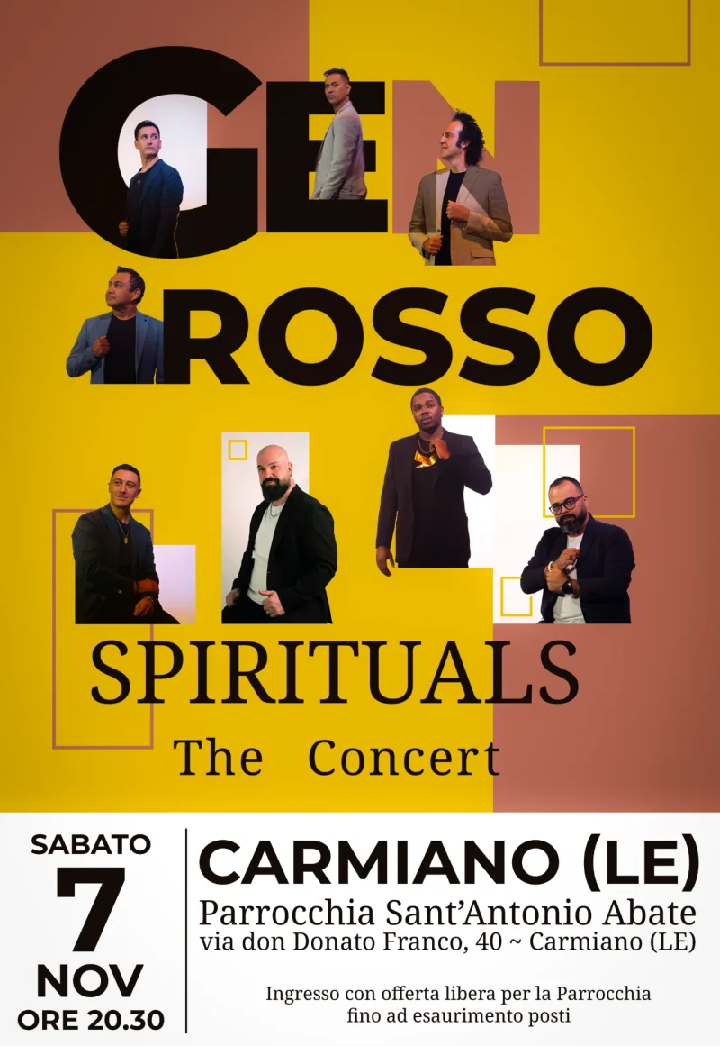 La locandina del concerto del Gen Rosso, Spirituals – The Concert, sabato 7 novembre alle 20:30 in parrocchia