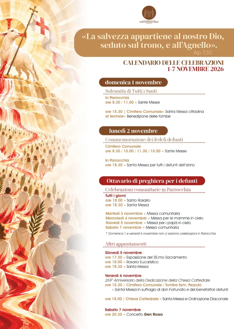 La locandina della parrocchia con il calendario delle celebrazioni dal 1 al 7 novembre 2026
